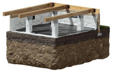 Cutaway illustration of building foundation with soil layers, beams, and support columns.