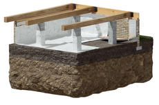 Cross-section diagram of a building's foundation with exposed soil, concrete, and wood beams.