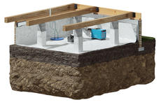 Cutaway diagram of a crawl space with insulation, showing wooden beams and concrete supports in a cross-section view.