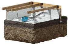 Illustration of a house's crawl space with a vapor barrier, dehumidifier, and support beams on soil.