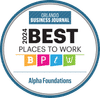 Badge stating "2024 Best Places to Work" awarded by Orlando Business Journal to Alpha Foundations.