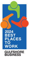 Logo with three abstract figures and text: "2024 Best Places to Work, Gulfshore Business.