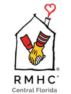 Logo of RMHC Central Florida featuring a house with a heart chimney and holding hands inside.