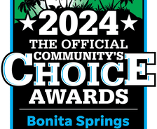Official Community's Choice Awards 2024 finalist badge for Bonita Springs with palm trees and a sunset graphic.
