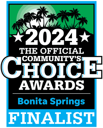 Official Community's Choice Awards 2024 finalist badge for Bonita Springs with palm trees and a sunset graphic.