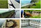 Six images showing cracked, eroded, and damaged concrete seawalls along waterfronts and shorelines.