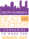 Purple city skyline above text: "South Florida's Best and Brightest Companies to Work for Winner 2025.