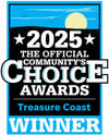 2025 Official Community’s Choice Awards, Treasure Coast Winner logo with sun and landscape background.