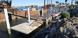 Workers construct a seawall along a waterfront, with equipment, pilings, and homes visible in the background.