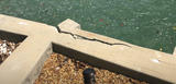A cracked concrete seawall beside green water and a gravel-covered ground with scattered shells.