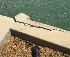 A cracked concrete seawall beside green water and a gravel-covered ground with scattered shells.