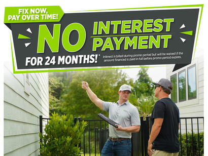 Two men talk outside near a house and fence; promotion text says "No interest payment for 24 months.