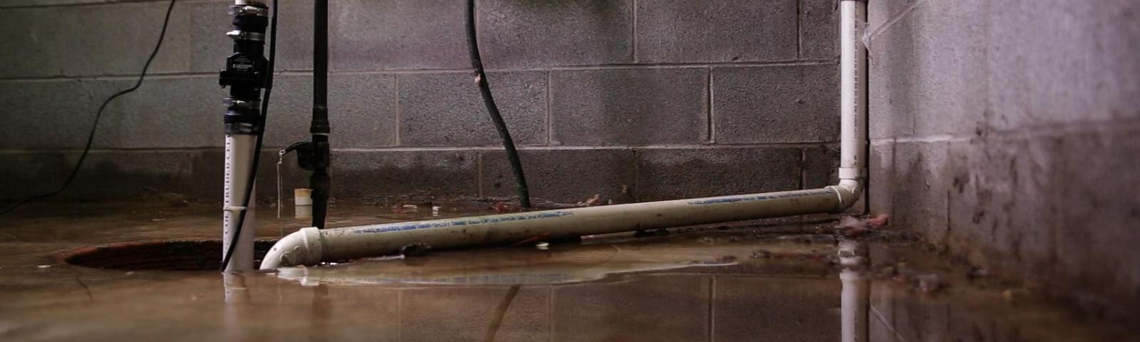 Flooded basement with water pipes and reflections on the wet floor.