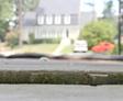 Close-up of textured surface with a blurry view of a house, cars, and trees in the background.