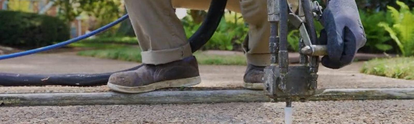 Person wearing gloves and boots operates equipment to level a concrete sidewalk.