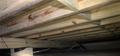 Wooden joists and beams under a house, with visible insulation and ductwork.