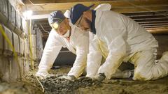 Two people in protective suits and headlamps inspect gravel in a crawl space under a house.