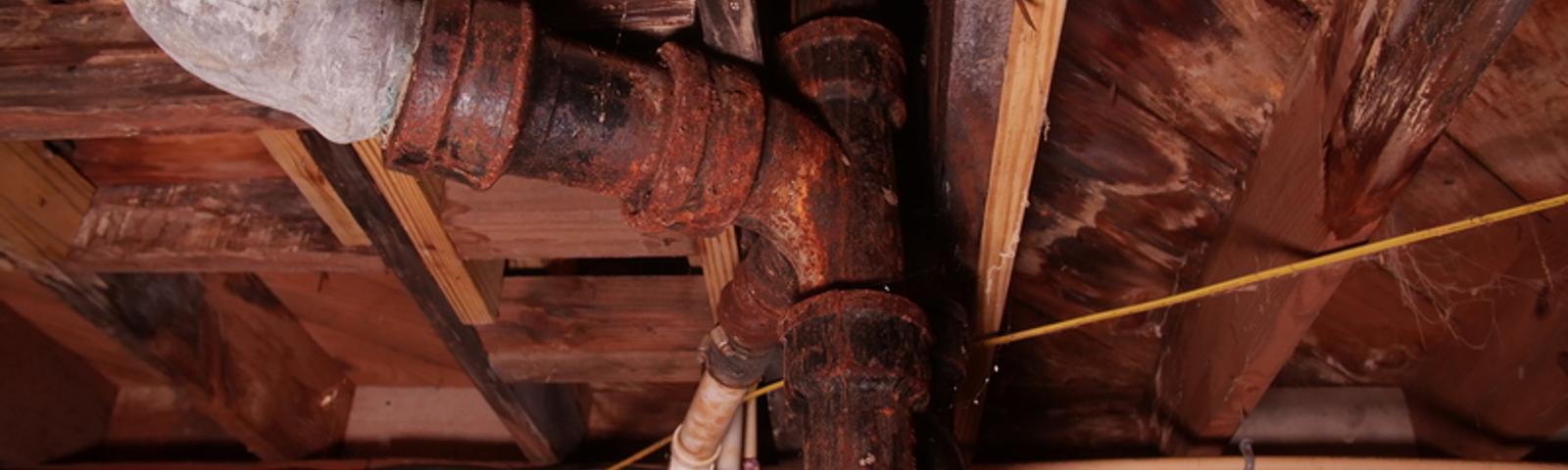 Rusty pipes and rotten wood in the crawlspace.