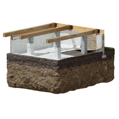 3D cutout of vapor barrier and ExtremeBloc installed in crawl space