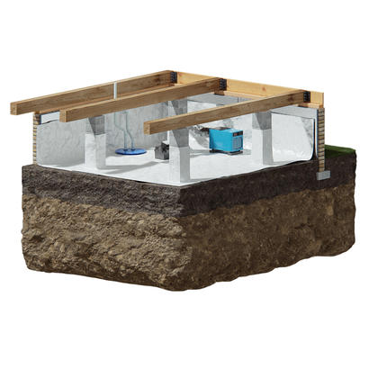 3D cutout of full encapsulated crawl space with sump pump, backup and dehumidifier