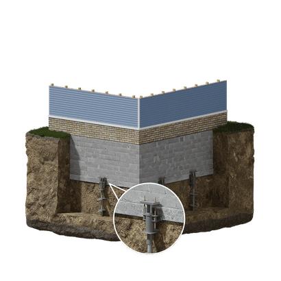 3D cutout of helical piers installed on block foundation