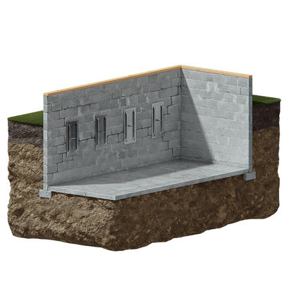 Cross-section of a concrete foundation wall with steel braces embedded in soil, illustrating stabilization.