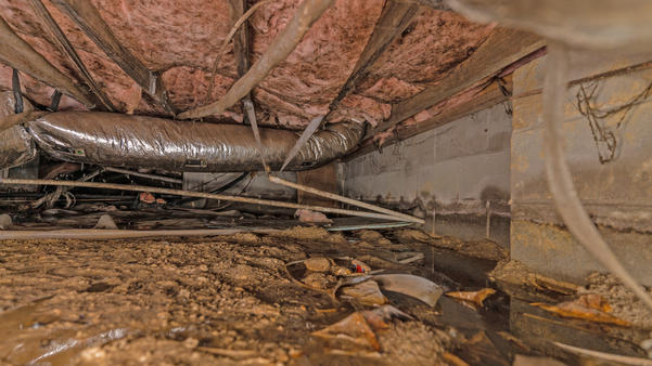 A crawl space showing severe signs of damage from humidity.