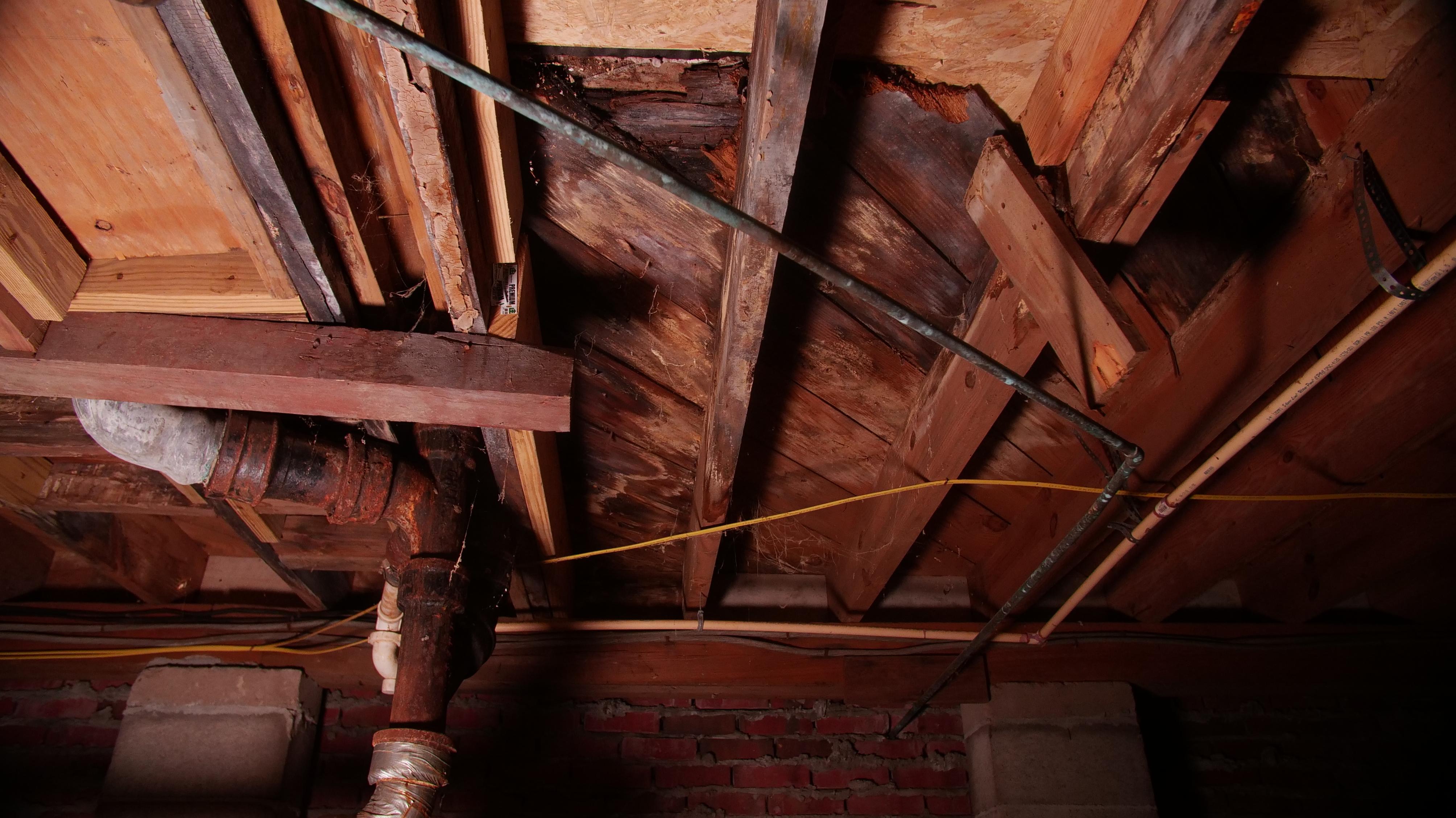Wooden basement ceiling with visible pipes and exposed beams showing signs of water damage.