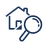 Blue icon of a house with a magnifying glass over it, symbolizing property search or inspection.