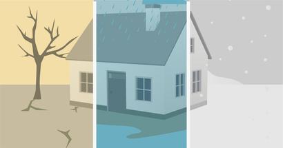 Illustration of a house with segmented weather: drought, rain, and snow.