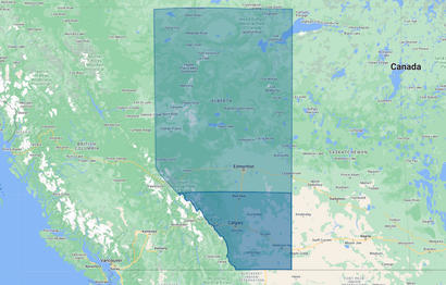 Map highlighting Alberta, Canada, showing surrounding areas and major cities like Edmonton and Calgary.