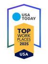 USA Today Top Workplaces 2025 badge in blue, yellow, and white with a ribbon labeled "USA.