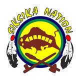 Siksika Nation logo with a buffalo, feathers, and two crossed tools on a yellow and green circle.