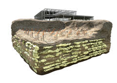 3D cutaway of soil layers and foundation piles beneath a building under construction.