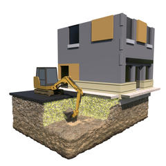 Illustration of an excavator digging beside a building, showing underground soil layers.
