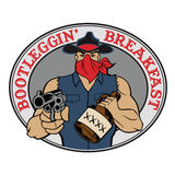Cartoon bandit in hat and red bandana holding a pistol and jug, with "Bootleggin' Breakfast" text around him.