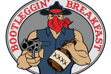 Cartoon bandit in hat and red bandana holding a pistol and jug, with "Bootleggin' Breakfast" text around him.