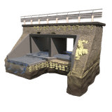 Cross-section of a concrete culvert with water flowing through two rectangular channels under a road.