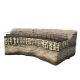 3D model of a bridge supported by deep foundations over rocky soil, shown in a cross-section view.
