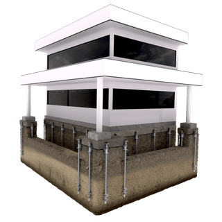 Modern two-story house with visible foundation supported by metal helical piers in the soil.