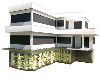 Modern two-story house with large windows, shown with visible foundation and underground supports.