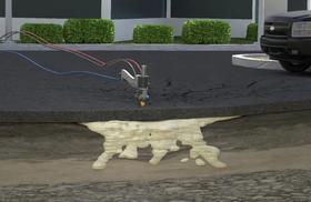 Illustration of a road surface being repaired with injected material beneath a crack, near a parked truck.