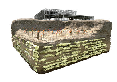 3D model of soil layers with orange markers and a building structure in the background.