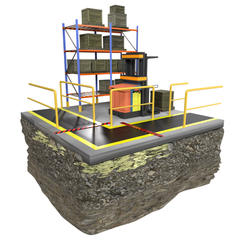 A forklift moves boxes near shelves in a fenced warehouse area on a floating section of ground.