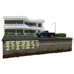 Cross-section of soil under a house and driveway with a black pickup truck and underground moisture visible.