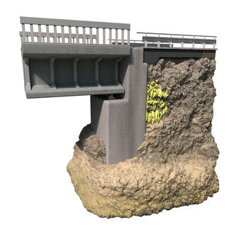 A damaged bridge ending abruptly at a rocky cliff, with exposed soil and some vegetation.