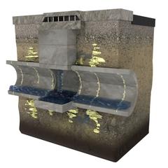 Cutaway of a concrete stormwater pipe with water flow and surrounding soil layers visible.