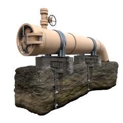 Large industrial pipeline mounted on concrete supports anchored into the ground, with a valve on top.