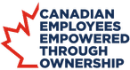 Red maple leaf outline with text: "Canadian Employees Empowered Through Ownership" in bold blue font.