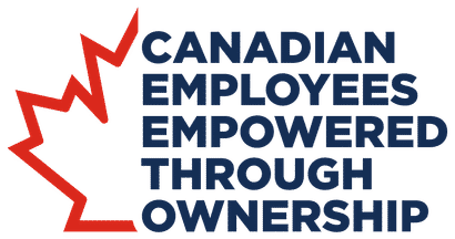 Red maple leaf outline with text: "Canadian Employees Empowered Through Ownership" in bold blue font.